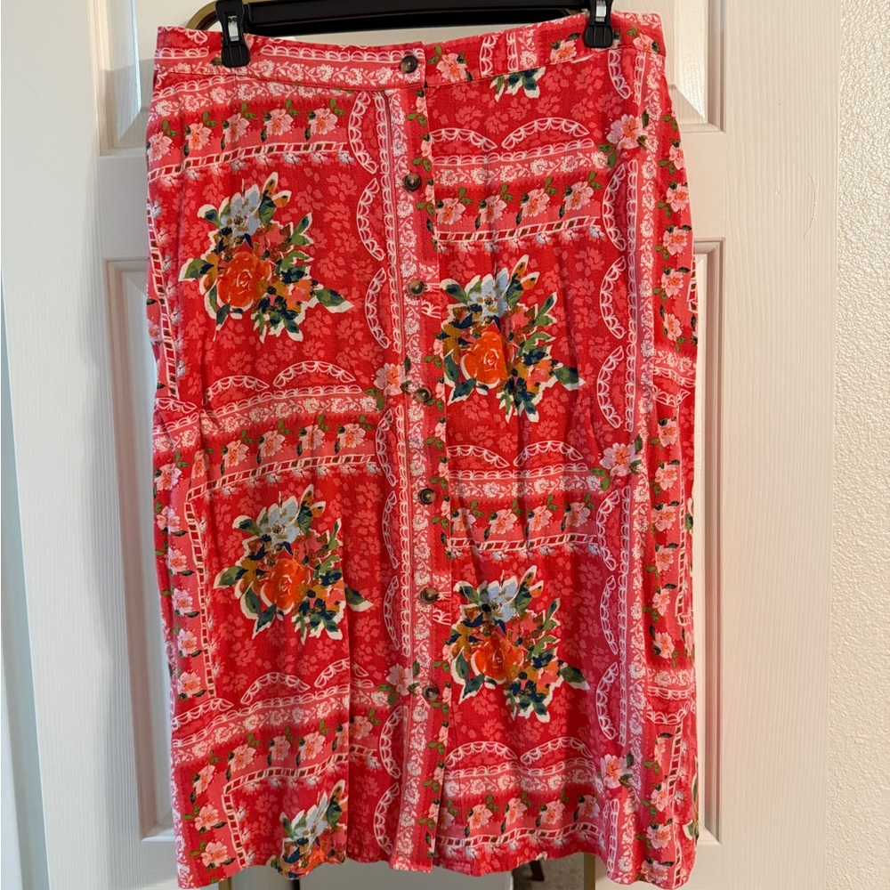 LC Lauren Conrad Red Floral Midi Skirt